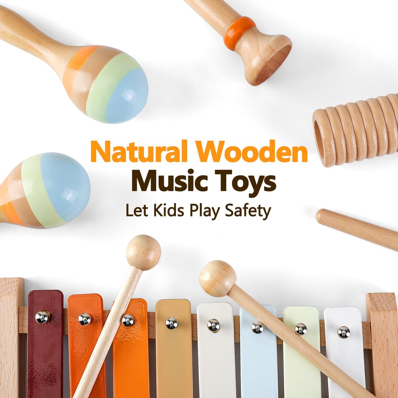 Baby Musical Instruments - Montessori Musical Toys for Toddlers 1-3, Wooden Percussion Instruments Set, Neutral Colors Modern Boho Music Toys for 1 Year Old, Kids Preschool Educational Birthday Gifts