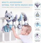 Jollybaby Baby Car Seat Stroller Toys, Plush Activity Hanging Spiral Activity Pram Crib with Music Box, Rattles, Squeaker for Babies Infant Boys Girls(Grey Fox)