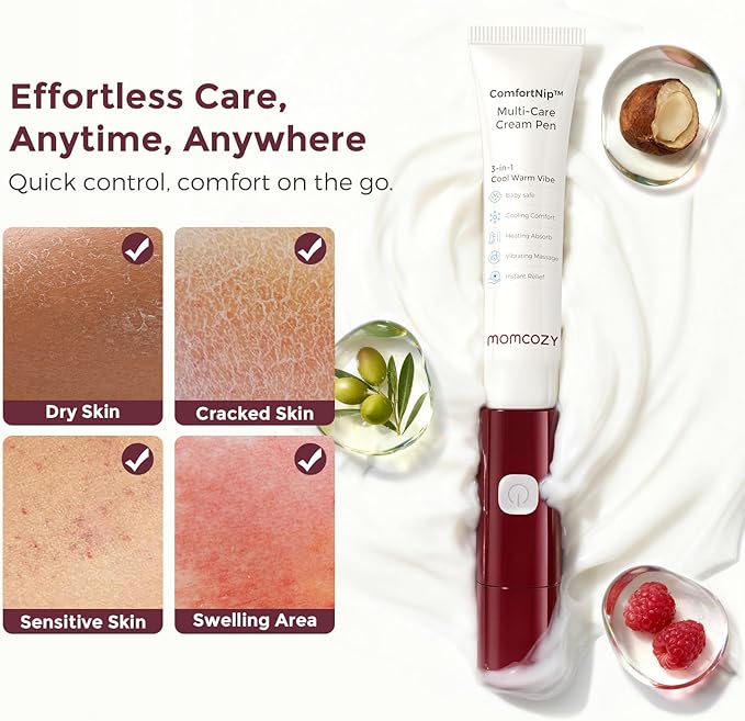 Momcozy ComfortNip™ Multi-Care Nipple Cream Pen, 3-in-1 Heat/Cool/Vibe Rechargeable Portable Nipple Pen with Botanical Nipple Cream, Touch Free 316 Steel Head for Breastfeeding Pain Relief