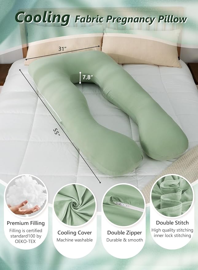 Meiz Pregnancy Pillow, U Shaped Pregnancy Pillows for Sleeping Cooling, 55 Inch Maternity Pillow for Pregnant Women, Body Pillows for Adults, Rayon Cover from Bamboo, Sage Green