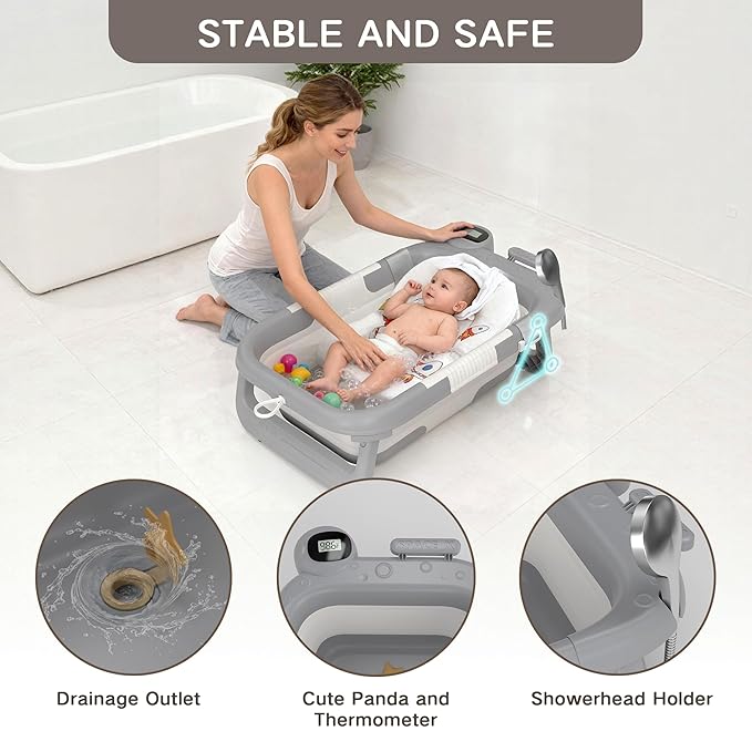 Collapsible Baby Bathtub for Newborn to Toddler (0-24 Months), Portable Baby Bath Tub for Travel, Newborn Bathtub with Soft and Supportive Cushion (Astronaut-Gray)