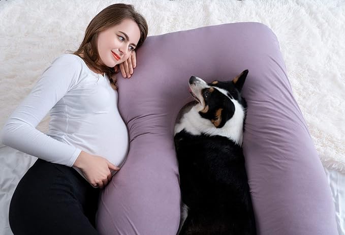 Meiz U Shaped Sleeping, Cooling 60‘’ Maternity Pillow for Pregnant Women with Jersey Cover, Purple