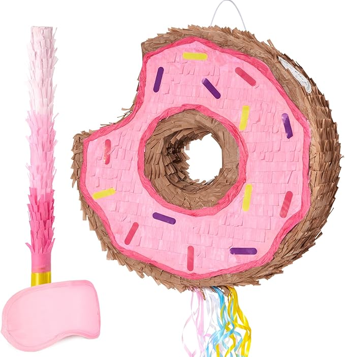 WERNNSAI Donut Piñata - Pink Donut Pinata with String Birthday Partyn Decorations Piñata with Stick Blindfold for Girls Kids Dount Pull String Pinata Family Games Birthday Party Supplies