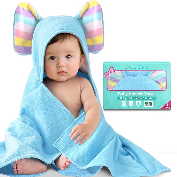 VOOVA & MOVAS Thick Baby Hooded Bath Towel - 100% Cotton,500GSM, 33x31.5 Inches,0-2Years, Super Absorbent Large Towel with Cute Elephant Ears Hood for Newborn,Toddler,Infant, Baby Blue