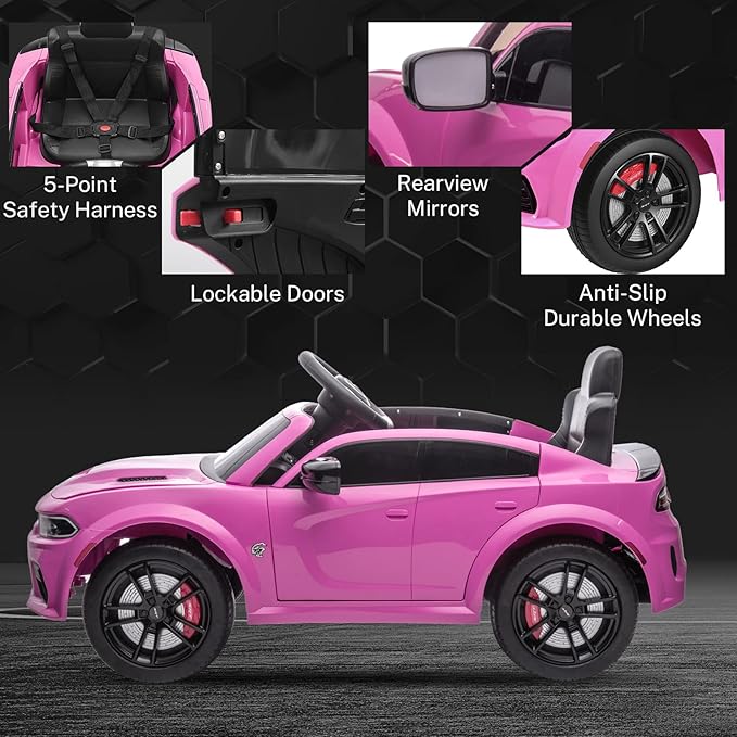 12V 7Ah Kids Electric Ride on Car, Licensed Dodge Charger SRT Hellcat, Battery Powered 4-Wheels Toy Car Electric Vehicle for Kids with Remote Control, 3 Speeds, LED Lights, Music (Pink)