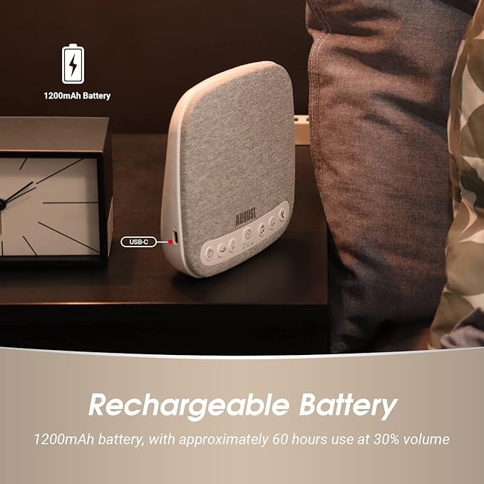 Portable White Noise Sound Machine - August SE160 - Calming, Ambient Sleep Therapy - 14 Soothing Sounds for Babies, Children, Adults - Sleep Aid with Timer - 60-Hour Battery - USB-C Charging - White