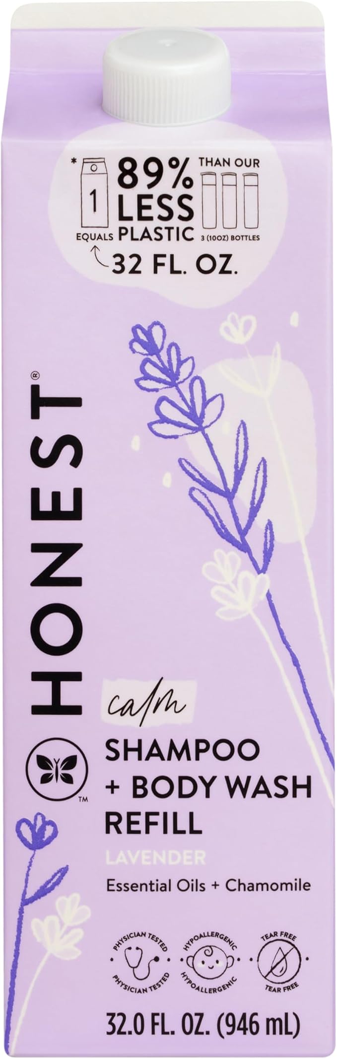 The Honest Company 2-in-1 Cleansing Shampoo Body Wash Refill Carton Gentle for Baby Naturally Derived Tear-free Hypoallergenic Lavender Calm 32 fl oz