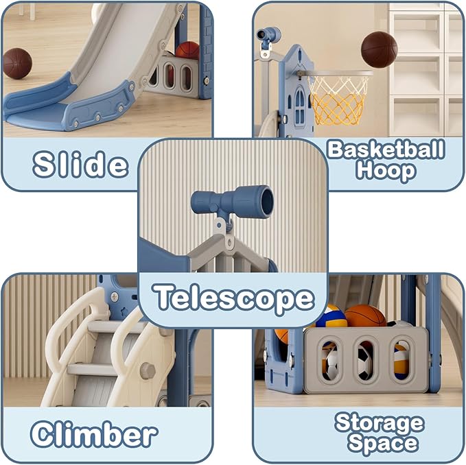 XJD 5 in 1 Toddler Slide, Kids Slide for Toddlers Age 1-3, Outdoor Indoor Playset for Toddlers with Basketball Hoop and Ball, Storage Space and Non-Slip Steps Telescope (Blue)