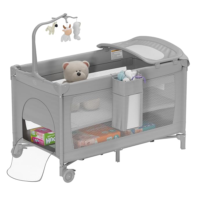 Large Pack and Play, Baby Bed Portable Crib with Diaper Changing Table Mattress Hanging Toys & Decor, Travel Bassinet Bedside Sleeper Playard from Newborn to Toddlers