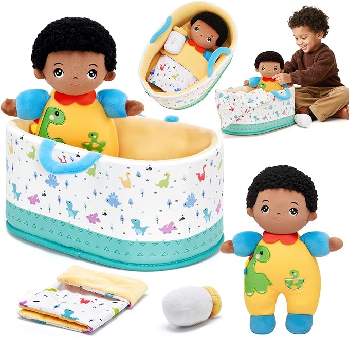 OUOZZZ 10" Soft Black Baby Boy Doll Set, Baby Doll Accessories Pretend Playset Emotional Social for 2 Year Olds Boy Christmas Birthday Gift Dinosaur