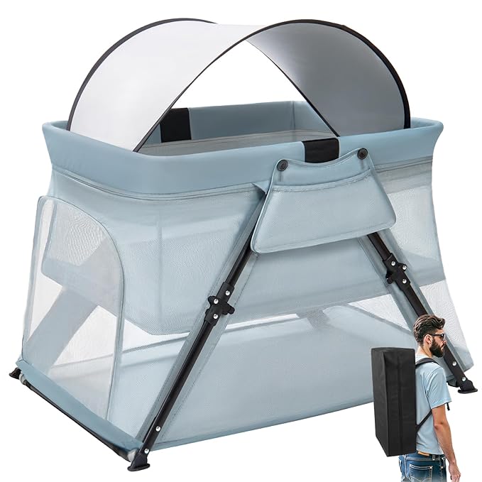 Lilian&Gema 2-in-1 Travel Crib, Portable Crib with Backpack, Lightweight Baby Travel Playpen, Foldable Play Yard with Thick Mattress for Babies & Toddlers, Baby Travel Essential