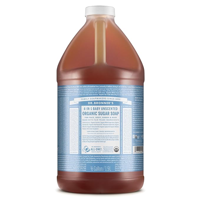 Dr. Bronner’s - Organic Sugar Soap (Baby Unscented, 64 Ounce) - Made with Organic Oils, Sugar and Shikakai Powder, 4-in-1 Use: Hands, Body, Face and Hair, Moisturizes and Nourishes, No Added Fragrance