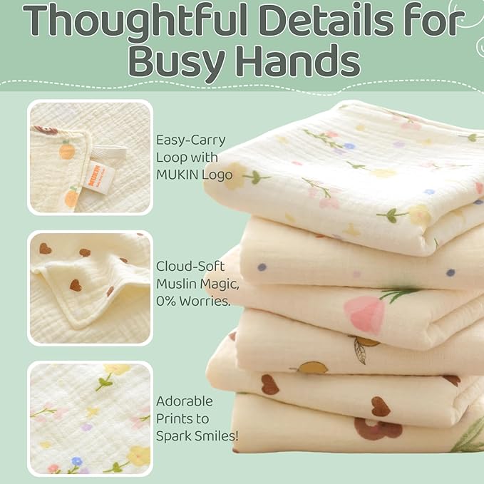 MUKIN Baby Muslin Washcloths and Burp Cloths, Floral Pattern Cotton Face Towels, Burping Cloths for Newborn,6-Pack,10x20 inches