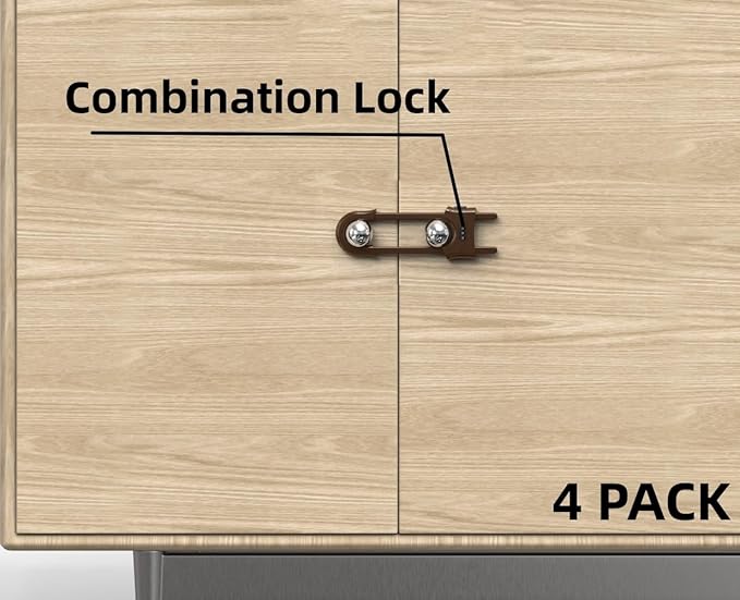 4 Pack Child Proof Sliding Cabinet Door Code Locks Baby Safety Cupboard Locks Adjustable U Shaped Cabinet Latches for Knob Handle Drawers Closet (4 PCS, Coffee)
