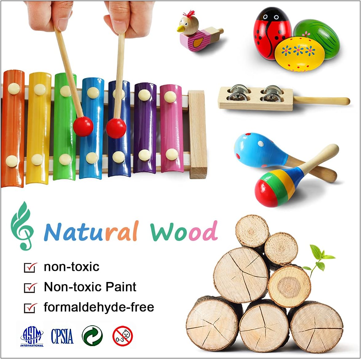 LOOIKOOS Toddler Musical Instruments,Wooden Percussion Instruments Toy for Kids Baby Preschool Educational Musical Toys Set for Boys and Girls with Storage Bag