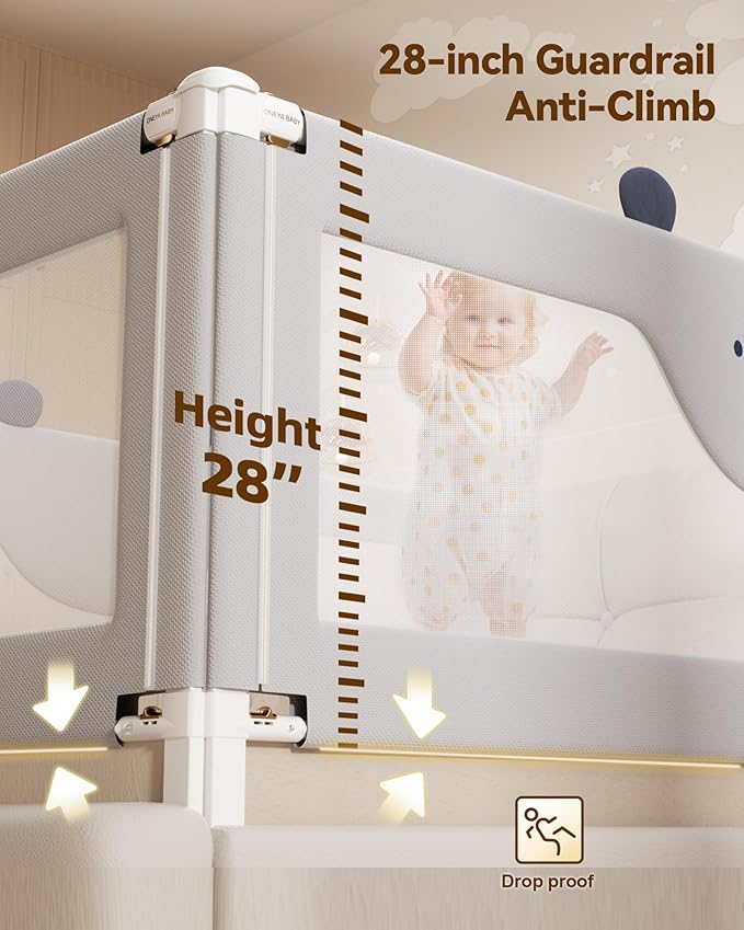 Baby Bed Rail Guard for Toddlers, Reinforced 74.8in Toddler Bed Rails for Twin, Full, King Bed with Height Adjustable, Extral Tall Child Safety Side Railing Guards/Bedrail for Kids, Grey Bear, 1 Side