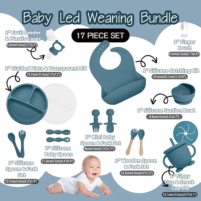 Baby Led Weaning Supplies, 17 Piece BPA-Free Silicone Feeding Set, Eating Essentials Baby Utensils with Suction Plate and Bowl, Pocket Bib, Sippy Cup with Lid, for 6+ Months, Blue