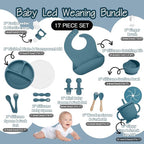 Baby Led Weaning Supplies, 17 Piece BPA-Free Silicone Feeding Set, Eating Essentials Baby Utensils with Suction Plate and Bowl, Pocket Bib, Sippy Cup with Lid, for 6+ Months, Blue