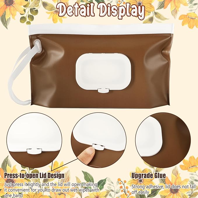 FEBSNOW 2 Pack Baby Wipes Dispenser, Portable Refillable Wipe Holder Baby Wipes Container Travel Wipes Case Reusable Wet Wipes Pouch (Floral, Brown)