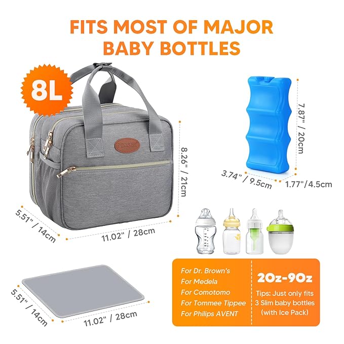 PIIOSER Breastmilk Cooler Bag with Ice Pack, Compatible with Wearable Breast Pumps & Accessories - Portable Pumps Carrying Case for Nursing & Working Moms (Grey-Small)