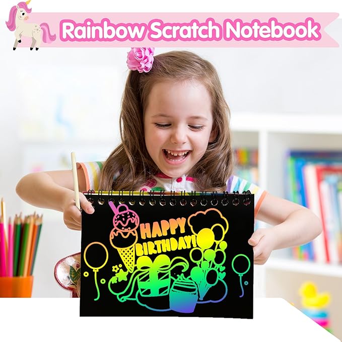 ZMLM Rainbow Scratch Party Favors Kids: Birthday Gifts Toy Bulk Scratch Art Notebook 24 Pack Birthday Goodie Bags Stuffers Girls Boys Art Craft Pad Classroom Prizes School Teacher Supplies (Unicorn)