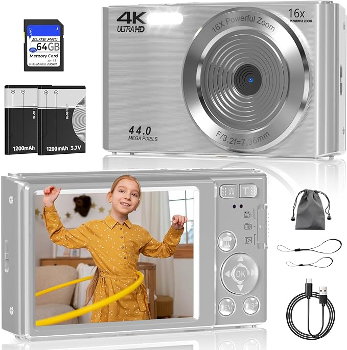 Digital Camera, FHD 4K 44MP Digital Camera, 16X Digital Zoom, Digital Point and Shoot Camera with 3-LED Fill Lights, 64GB SD Card, Compact Camera for Kids Teen Boys Girls, Sliver