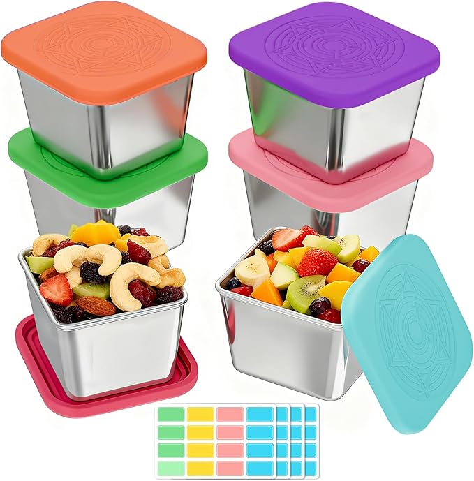 6-Pack 6oz Stainless Steel Snack Containers for Kids, Leak-Proof Metal Toddler Food Storage Containers with Silicone Lids & 64 Writable Labels, Stackable Lunch Box for School, Office, Picnic, Home