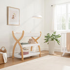 Comfy Cubs Baby Changing Table - Sturdy Wood Construction, Timeless Look Baby Change Table with Two Open Shelves for Infant Daycare Essentials Storage - White with Natural Wood Legs