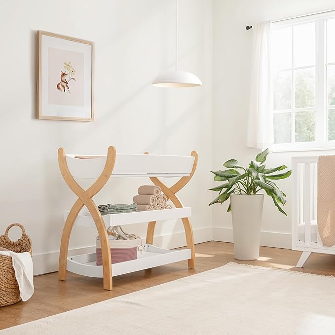 Comfy Cubs Baby Changing Table - Sturdy Wood Construction, Timeless Look Baby Change Table with Two Open Shelves for Infant Daycare Essentials Storage - White with Natural Wood Legs