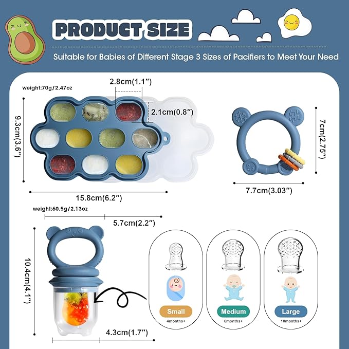 Baby Fruit Food Feeder & Breastmilk Popsicle Molds for Teething Relief, Baby Feeding Sets, 1 Freezer Tray with Lid & 1 Teether Toy & 1 Silicone Teething Pacifier Feeder, Extra Food Pouches (Blue)