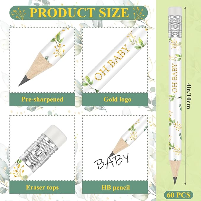 Tinlade 60 Pcs Sage Green Baby Shower Golf Pencils with Erasers Small Kids Sharpened Mini Pencils for School in Bloom Baby Shower Supplies