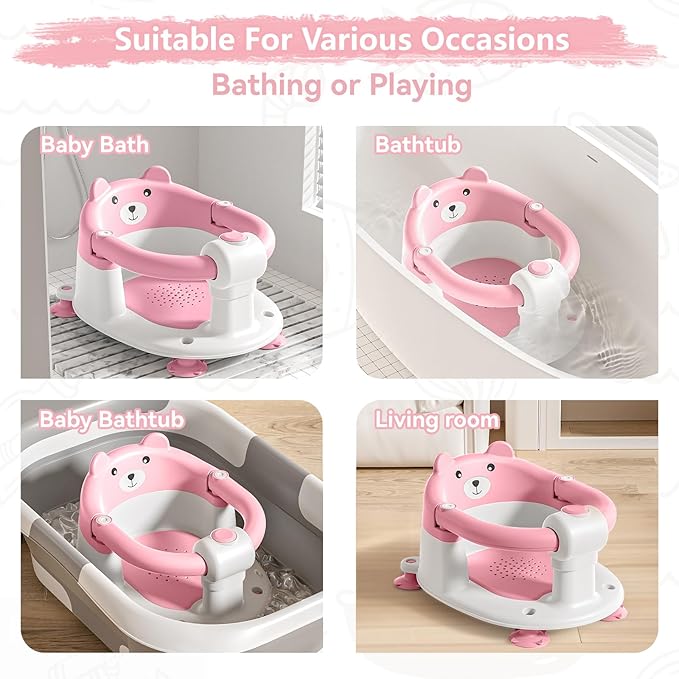Baby Bath Seat for Babies 6 Months & Up, Toddler Bath Seats for Babies Sitting Up, Non-Slip Infant Bath Tub Chair with 4 Suction Cups & Soft Cushion for Shower, Compact Toddler Bathtub Seat, Pink