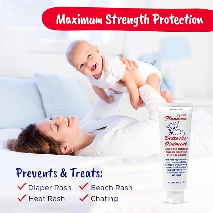 Flanders Buttocks Ointment - Diaper Rash Cream for Treatment & Prevention, Pharmacist Developed, Heat Rash & Chafing in Infants to Adults, Instant Relief (4oz Tube)