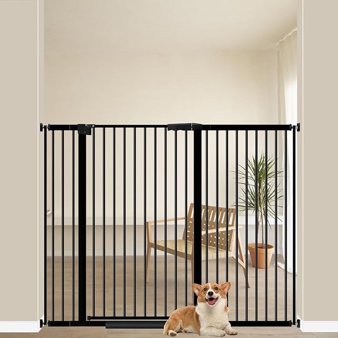 WAOWAO 40.55" Extra Tall 1.37" Ultra Narrow Spacing 45.87-53.74" Extra Wide Dogs Pets Baby Gate Safety Indoor Puppy Pressure Mounted Gate No Drill Black Metal for Stairs,Doorways,Kitchen,Hallway