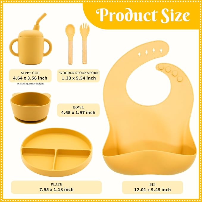 Silicone Baby Feeding Set 6 Pcs, Baby Led Weaning Supplies, Baby Feeding Supplies Set BPA Free, Baby Essentials for Newborn Gift Yellow