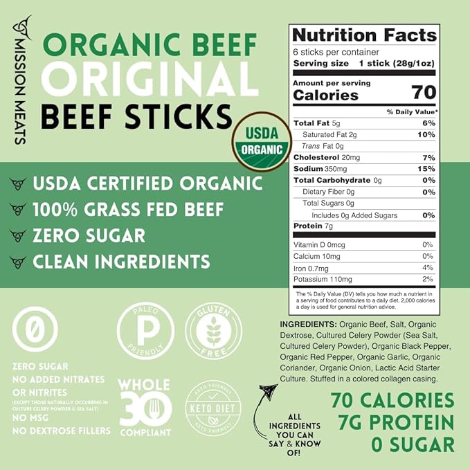 Mission Meats 100% Certified Organic Beef Sticks – Pasture-Raised, Zero Sugar, Non-GMO, Healthy Individually Wrapped Meat Sticks Snack, 0.75oz (24 Count)