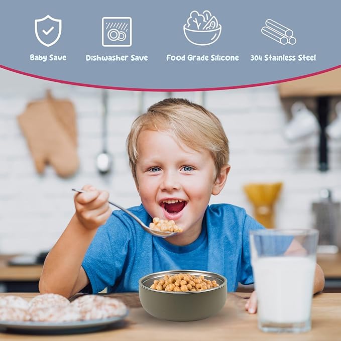 Stainless Steel Bowls with Removable Soft Silicone Sleeves | BPA-Free, Non-Toxic, Non-Slip, Stay-Put | Perfect for Kids, Toddlers & Babies | Ideal for Cereal, Snacks & Meals | 4 Pack
