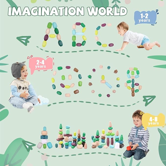 40 PCS Wooden Stacking Rocks Building Blocks Forest Theme, Sensory Learning Montessori Toys for 3 4 5 Year Old Kids, Preschool Educational STEM Toys Toddler Games Birthday Gifts for Girls Boys