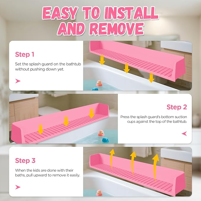 Splash Guard for Bathtub Kids - Silicone Bathtub Splash Guard with 11 Suction Cups, Bath Tub Play Shelf for Kids & Toy Holder, Prevent Water Spill in Bathroom, Fun Bath Time for Toddlers Baby, Pink