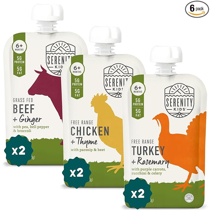 Serenity Kids 6+ Months Baby Food Pouches Puree - BPA-Free Meats & Herbs - Organic Baby Food Puree with Meat & Veggies - 3.5 Oz, 6 Pack