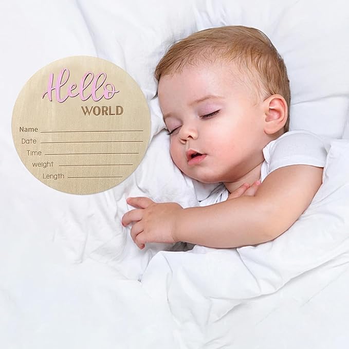 Baby Announcement Sign, 5.9 Inch Wooden Hello World Newborn Signs, Birth Announcement Sign, Baby Shower Hospital Nursery for Newborn Boys and Girls (Light Pink,Pen)