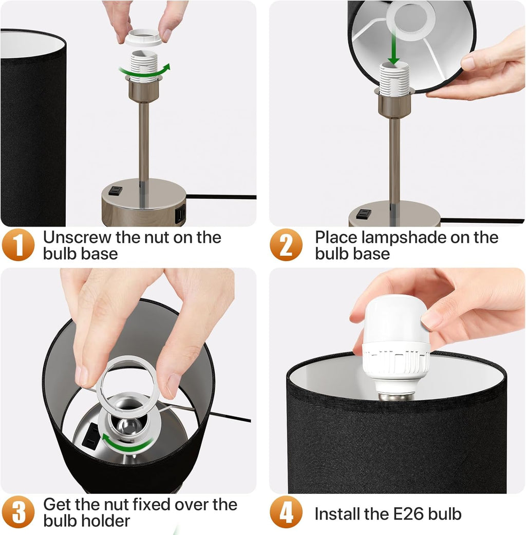 KPQ Small Bedside Lamp Touch Control Table Lamp with USB A+C Charging Ports & AC Outlet 3-Way Dimmable Nightstand Lamp with Linen Fabric Shade for Bedroom Living Room