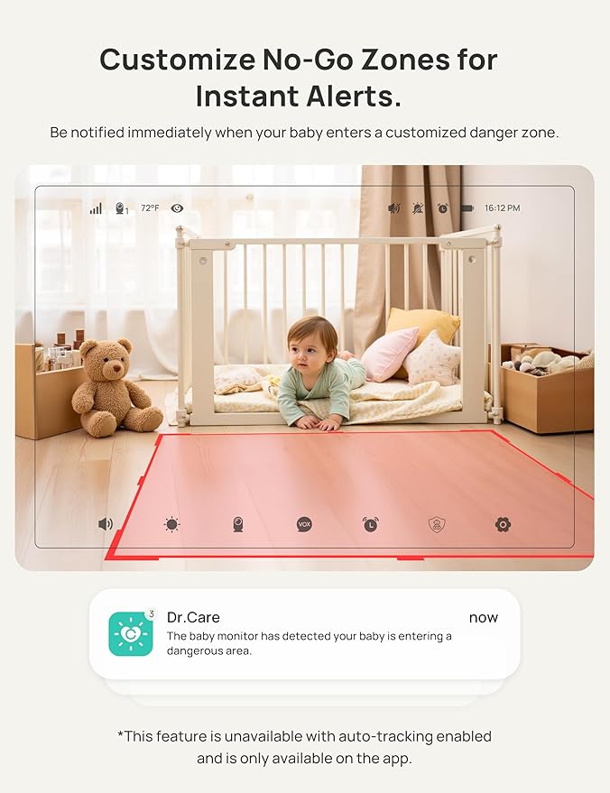 Dr.Care VistaView 5” Smart WiFi Baby Monitor with Clip Mount - 2K HD Camera, App Control, Cry & Motion Alerts, Night Vision, 5000mAh Battery, 2-Way Talk, Multi-User, Triple Security