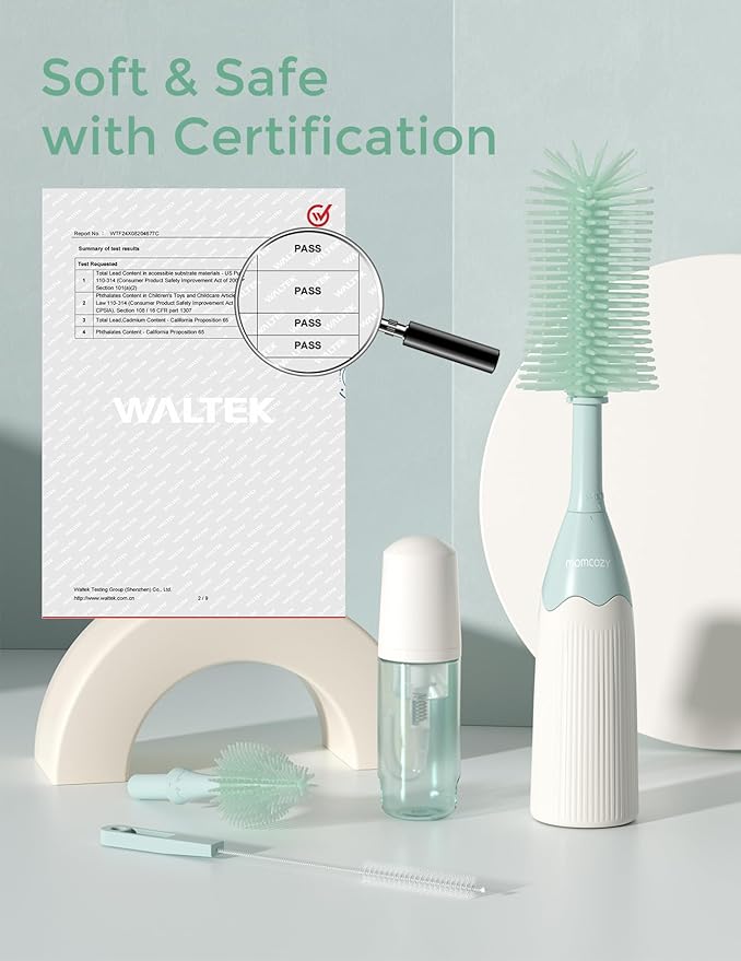 Momcozy Bottle Brush Kit, Innovative Push-Press Design for Better Cleaning - Baby Bottle Cleaner Brush for Baby Bottle, Breast Pumps, Nipples, and More - Can Generate Foam for Better Cleaning, Green