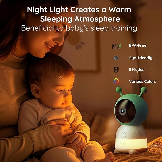 BOIFUN 2K WiFi Baby Monitor with Camera and Audio,Smartphone APP, Colorful Night Light, Smart AI Motion & Sound & Humidity & Temperature Detection, Auto Tracking,5-Inch Monitor Control, Night Vision