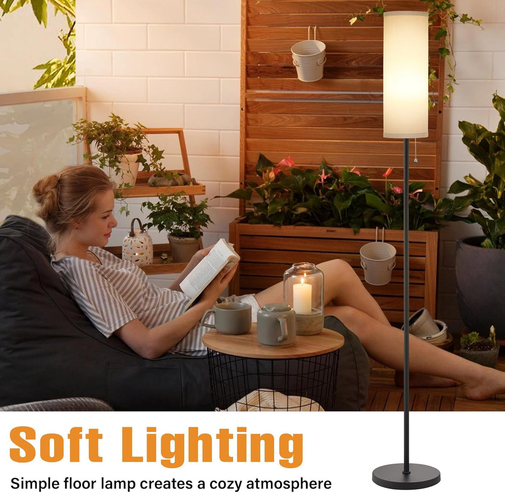 Ambimall Floor Lamp for Living Room with 3 Color Temperatures Bulb, 64" Standing lamp with Linen lampshade for Bedroom, Minimalist Pole Lamp, Grey Shade & Black Pole