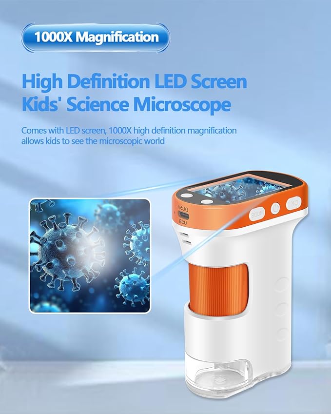Microscope for Kids 1000x Magnification, 2.4-inch ScreenPocket Microscope with Photo and Video Recording (with Slide Kit) Portable Educational Gift