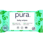 Pura Natural Sensitive Baby Wipes, 99% Water, Unscented & Hypoallergenic, Suitable for Sensitive & Eczema-prone Skin, Fragrance Free & Hypoallergenic, EWG Verified, 1 Pack of 60 Wet Wipes