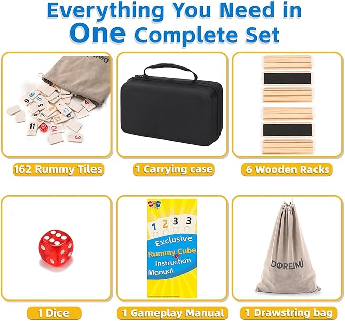Upgraded Rummy Cube Game Set 6 Plays with 6 Wooden Holders and 162 Rummy Tiles, Travel and Family Board Game for Adults and Kids