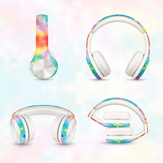 LilGadgets Connect+ Pro Kids Headphones with Mic and Cord, SharePort Technology, Over-Ear Foldable Headset, Volume Limit 93db, Wired Inline 3.5mm Jack for School - Tie Dye Rainbow Headphones for Kids